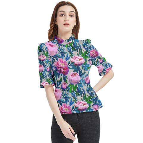 Pink Peonies Watercolor Frill Neck Blouse by SychEva