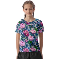 Pink Peonies Watercolor Kids  Frill Chiffon Blouse by SychEva