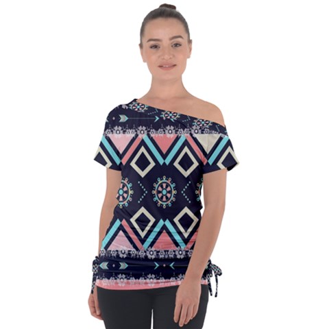 Gypsy-pattern Off Shoulder Tie-up Tee by PollyParadise