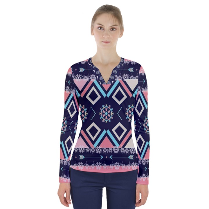 Gypsy-pattern V-Neck Long Sleeve Top