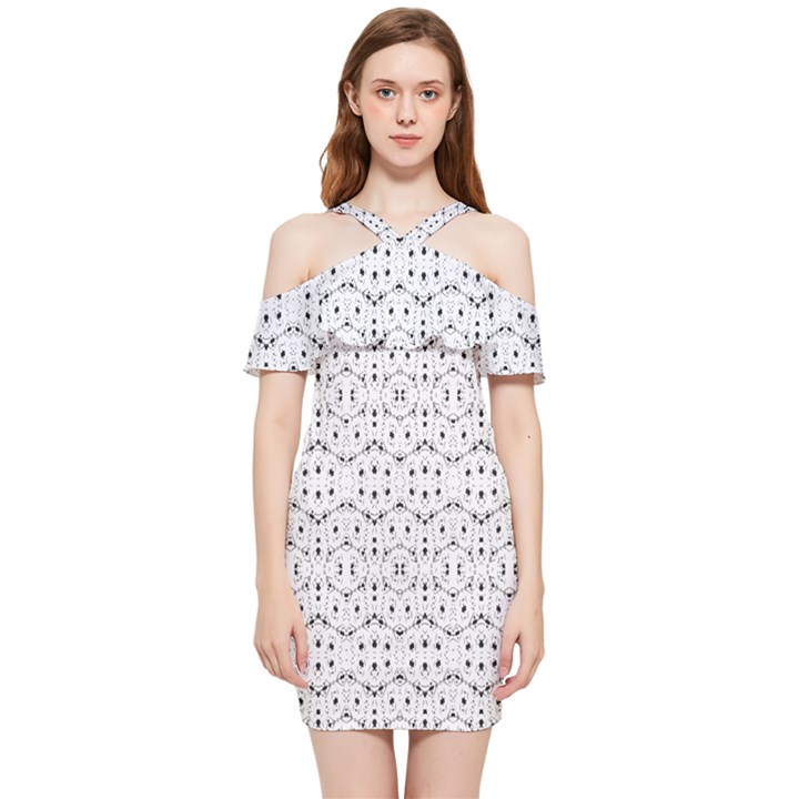 Modern Geometric Black And White Print Pattern Shoulder Frill Bodycon Summer Dress