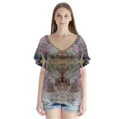 Marbling Ornate V-neck Flutter Sleeve Top by kaleidomarblingart