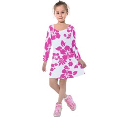 Hibiscus Pattern Pink Kids  Long Sleeve Velvet Dress