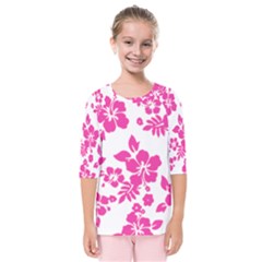 Hibiscus Pattern Pink Kids  Quarter Sleeve Raglan Tee