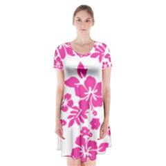 Hibiscus Pattern Pink Short Sleeve V-neck Flare Dress by GrowBasket