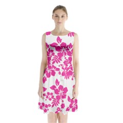 Hibiscus Pattern Pink Sleeveless Waist Tie Chiffon Dress