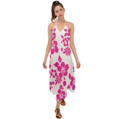 Hibiscus Pattern Pink Halter Tie Back Dress  by GrowBasket