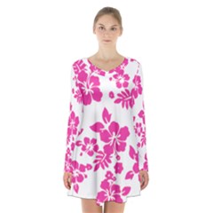 Hibiscus Pattern Pink Long Sleeve Velvet V-neck Dress by GrowBasket