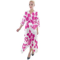 Hibiscus Pattern Pink Quarter Sleeve Wrap Front Maxi Dress