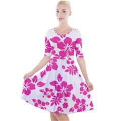 Hibiscus Pattern Pink Quarter Sleeve A-line Dress by GrowBasket