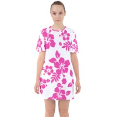 Hibiscus Pattern Pink Sixties Short Sleeve Mini Dress by GrowBasket