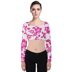 Hibiscus Pattern Pink Velvet Long Sleeve Crop Top by GrowBasket