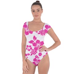 Hibiscus Pattern Pink Short Sleeve Leotard 