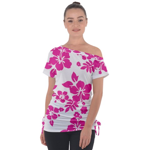 Hibiscus Pattern Pink Off Shoulder Tie-up Tee by GrowBasket