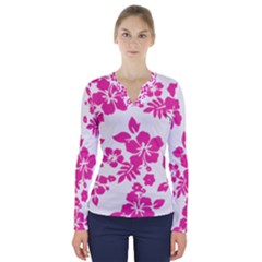 Hibiscus Pattern Pink V-neck Long Sleeve Top by GrowBasket