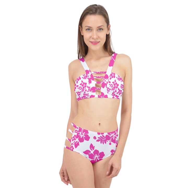 Hibiscus pattern pink Cage Up Bikini Set