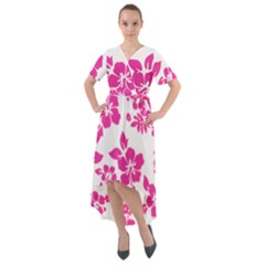 Hibiscus Pattern Pink Front Wrap High Low Dress by GrowBasket