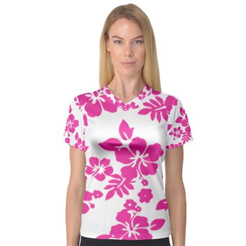 Hibiscus Pattern Pink V-neck Sport Mesh Tee by GrowBasket