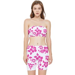 Hibiscus Pattern Pink Stretch Shorts And Tube Top Set by GrowBasket