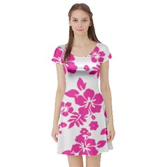 Hibiscus Pattern Pink Short Sleeve Skater Dress