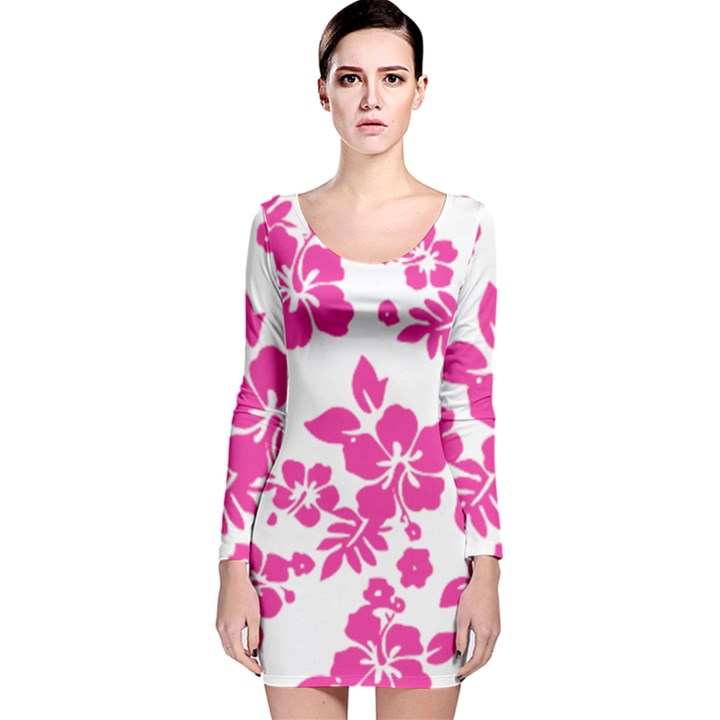 Hibiscus pattern pink Long Sleeve Velvet Bodycon Dress