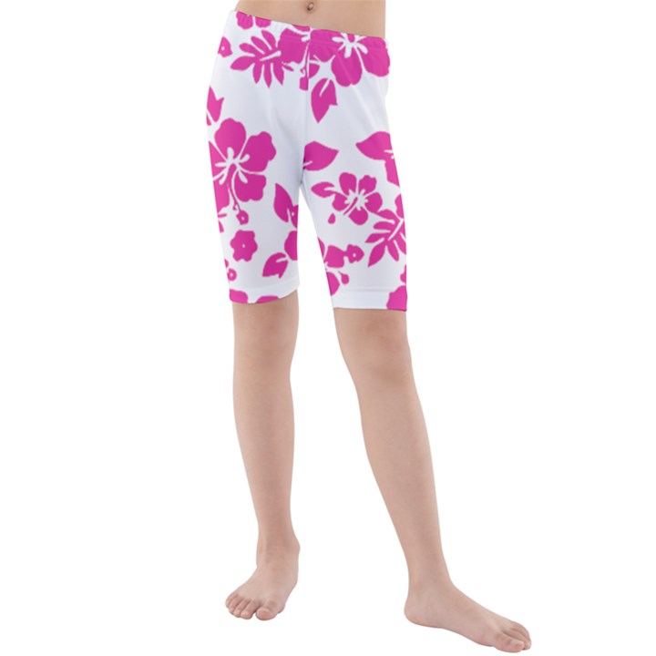 Hibiscus pattern pink Kids  Mid Length Swim Shorts