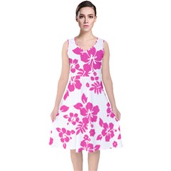 Hibiscus Pattern Pink V-neck Midi Sleeveless Dress 