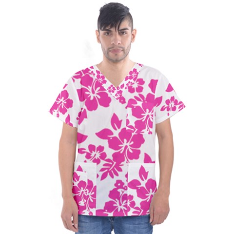 Hibiscus Pattern Pink Men s V-neck Scrub Top by GrowBasket