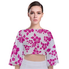 Hibiscus Pattern Pink Tie Back Butterfly Sleeve Chiffon Top