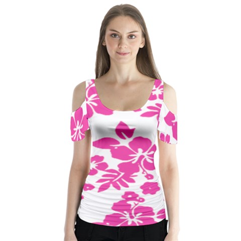 Hibiscus Pattern Pink Butterfly Sleeve Cutout Tee  by GrowBasket