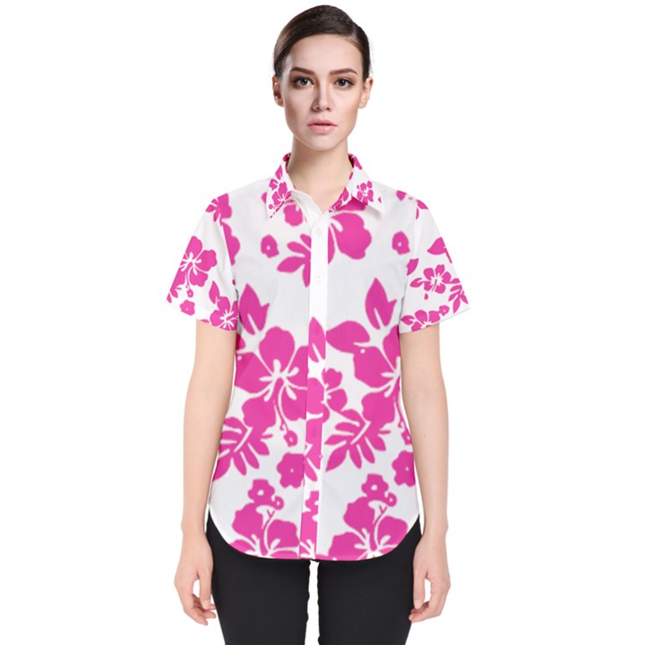 Hibiscus pattern pink Women s Short Sleeve Shirt