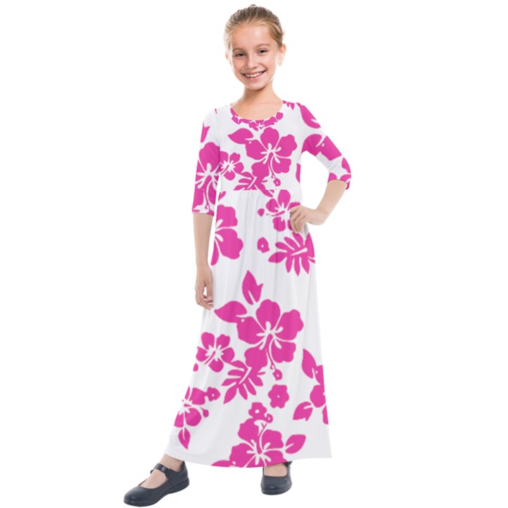 Hibiscus pattern pink Kids  Quarter Sleeve Maxi Dress