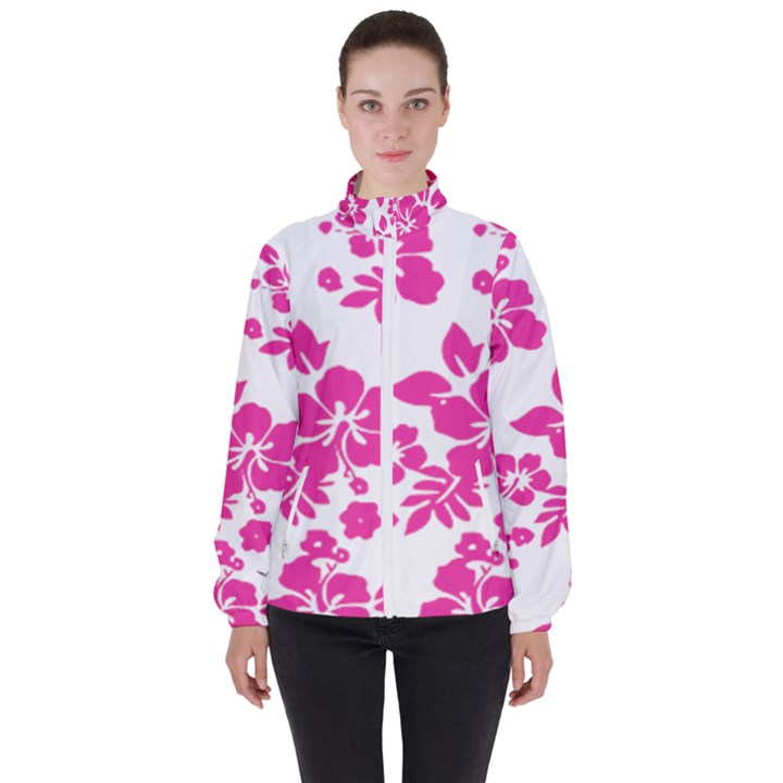 Hibiscus pattern pink Women s High Neck Windbreaker