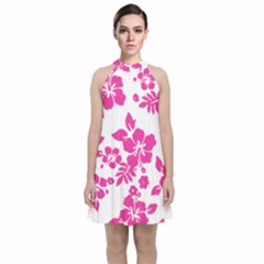 Hibiscus Pattern Pink Velvet Halter Neckline Dress 