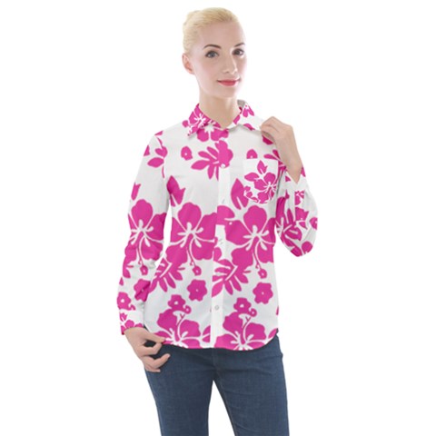 Hibiscus Pattern Pink Women s Long Sleeve Pocket Shirt by GrowBasket