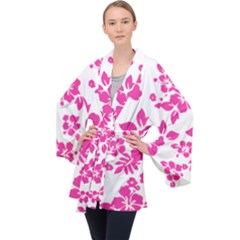 Hibiscus Pattern Pink Long Sleeve Velvet Kimono  by GrowBasket