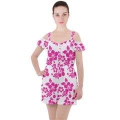 Hibiscus Pattern Pink Ruffle Cut Out Chiffon Playsuit by GrowBasket