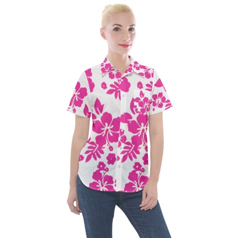 Hibiscus Pattern Pink Women s Short Sleeve Pocket Shirt by GrowBasket