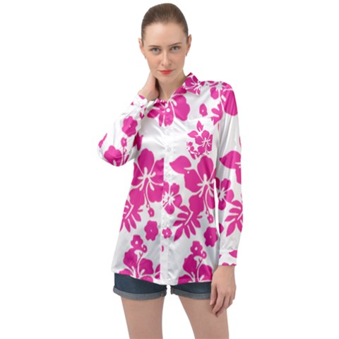 Hibiscus Pattern Pink Long Sleeve Satin Shirt by GrowBasket