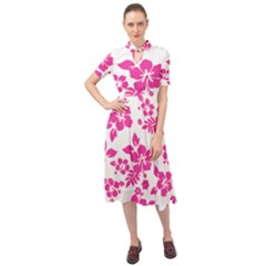 Hibiscus Pattern Pink Keyhole Neckline Chiffon Dress by GrowBasket