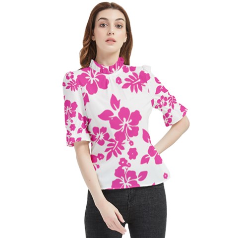 Hibiscus Pattern Pink Frill Neck Blouse by GrowBasket