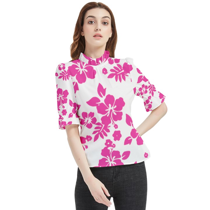 Hibiscus pattern pink Frill Neck Blouse