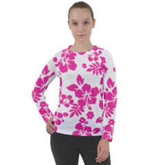 Hibiscus Pattern Pink Women s Long Sleeve Raglan Tee