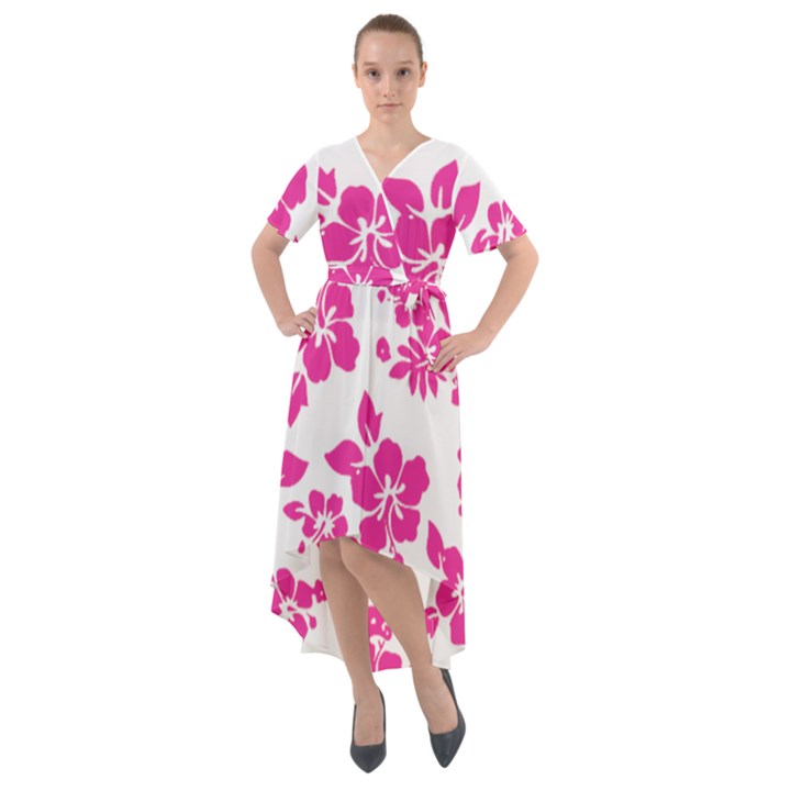 Hibiscus pattern pink Front Wrap High Low Dress