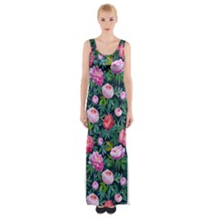 Delicate Watercolor Peony Thigh Split Maxi Dress by SychEva