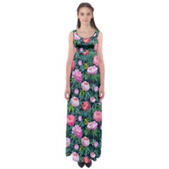 Delicate Watercolor Peony Empire Waist Maxi Dress by SychEva