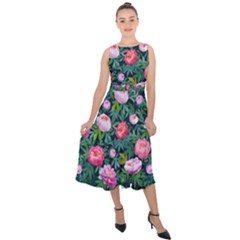 Delicate Watercolor Peony Midi Tie-back Chiffon Dress by SychEva