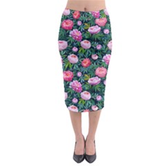 Delicate Watercolor Peony Midi Pencil Skirt by SychEva