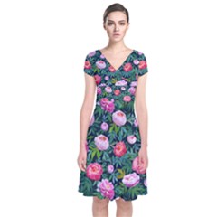 Delicate Watercolor Peony Short Sleeve Front Wrap Dress by SychEva