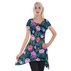 Delicate Watercolor Peony Short Sleeve Side Drop Tunic by SychEva